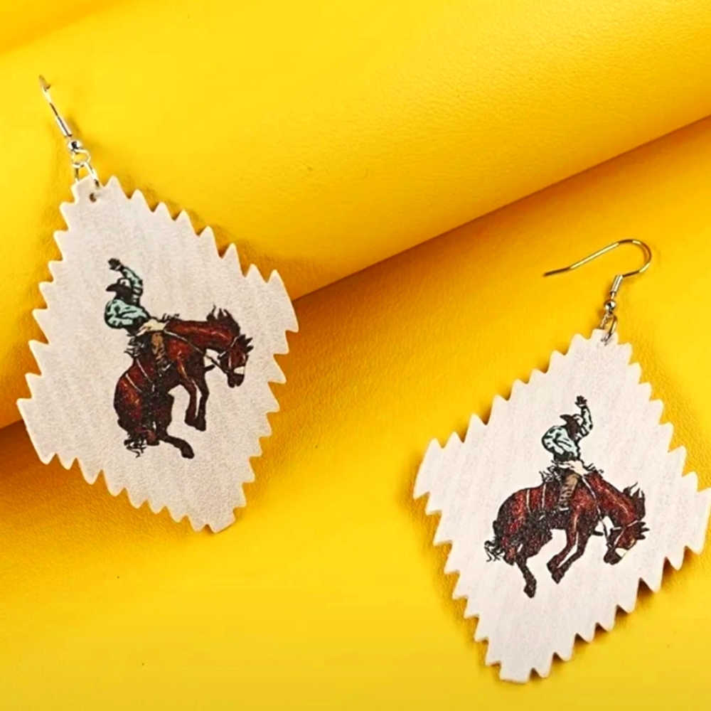 Cowboy bronc riding faux leather earrings